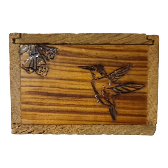 Vtg Hand Crafted Wooden Trinket Stash Box Slide Lid Hummingbird Duck Goose Birds - Picture 4 of 7